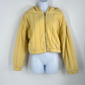 Urban Outfitters Women M Butter Yellow Quilted Full Zip Up Hoodie Cropped Jacket